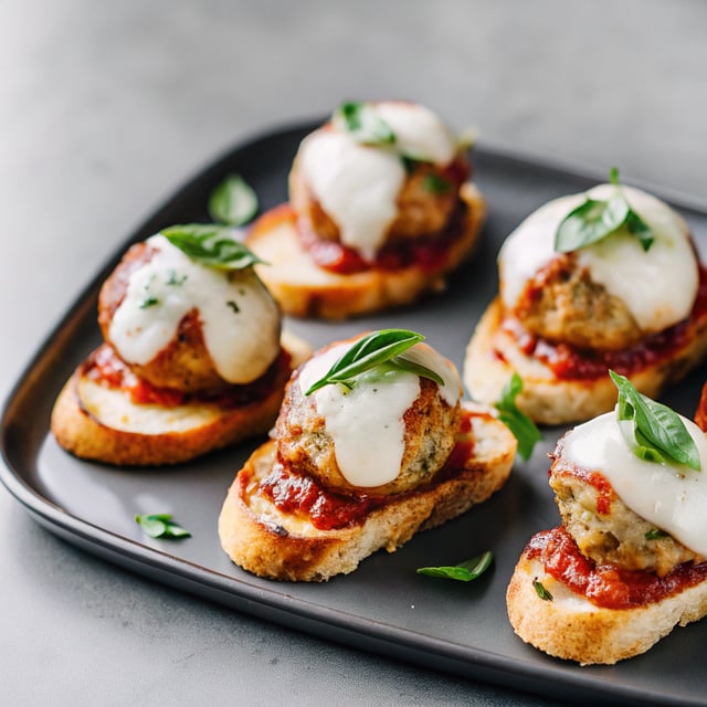 Chicken Parmesan Meatball Crostini.