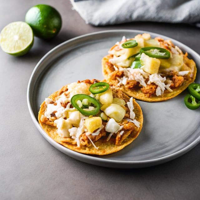 Chipotle Pineapple Chicken Tinga Quesadilla Tostadas with Tequila Lime Pickled Jalapeño's.