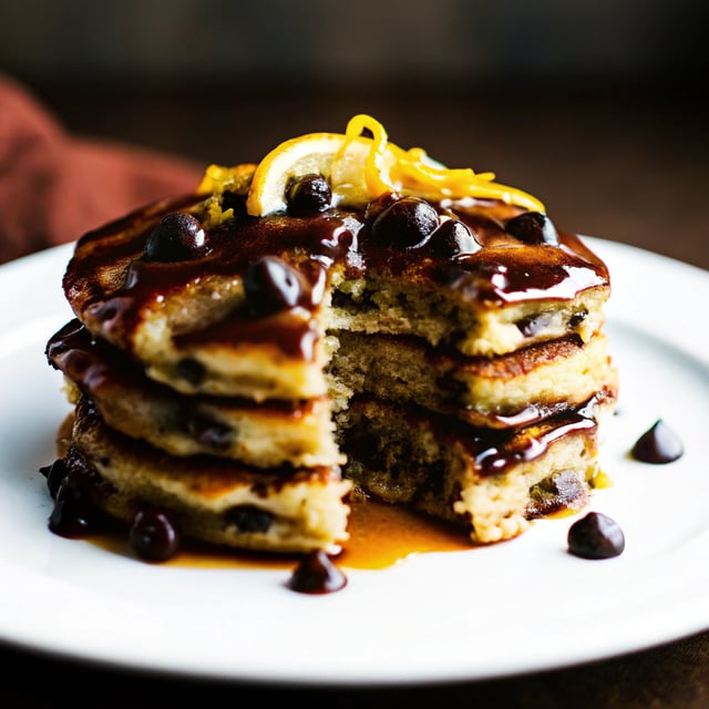 Chocolate Chip Lemon Baklava Pancakes with Salted Vanilla Honey Syrup.