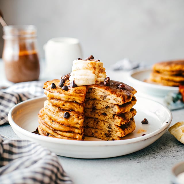 Chocolate Chip Pumpkin Pancakes with Whipped Maple Butter.