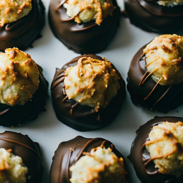 Chocolate Dipped Coconut Caramel Macaroons.