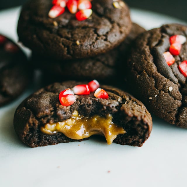 Chocolate Hazelnut and Caramel Stuffed Brownie Cookies with Pomegranate Sugar.