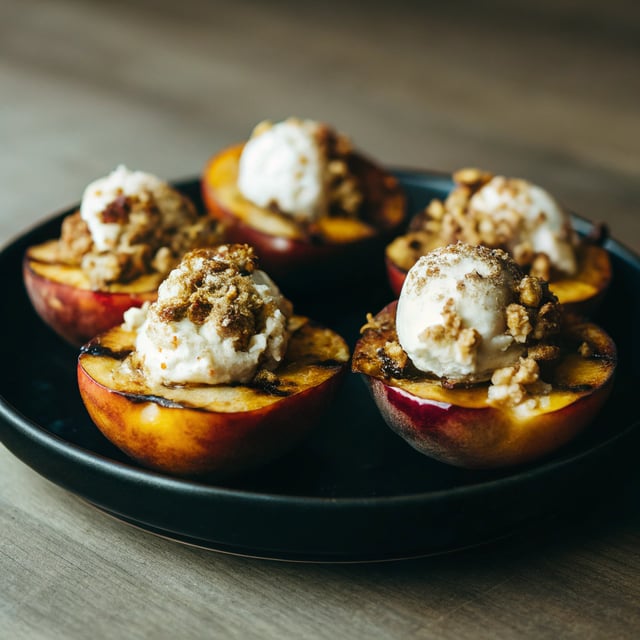 Cinnamon Grilled Peaches with Mascarpone Ice Cream and Honey Nut Cheerio Granola.