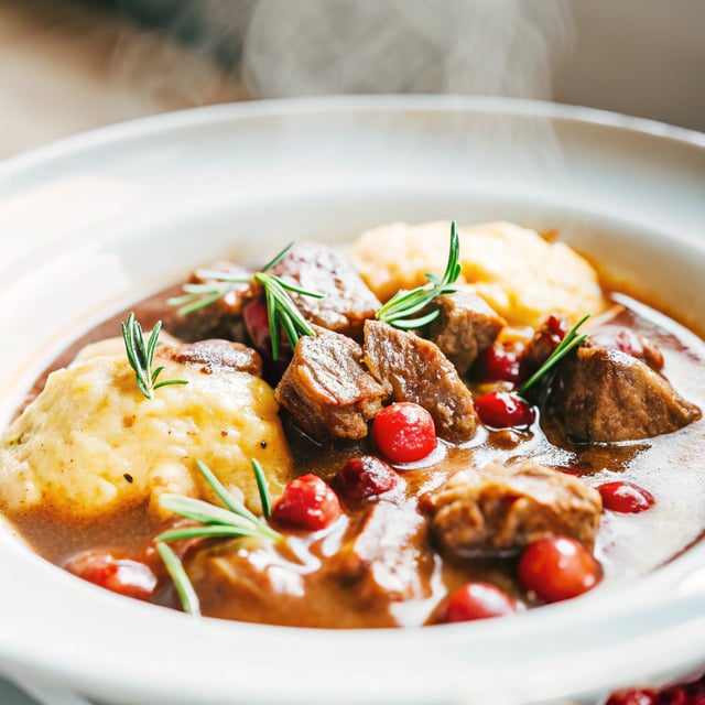 Cranberry Cider Braised Beef Stew with Rosemary Polenta.