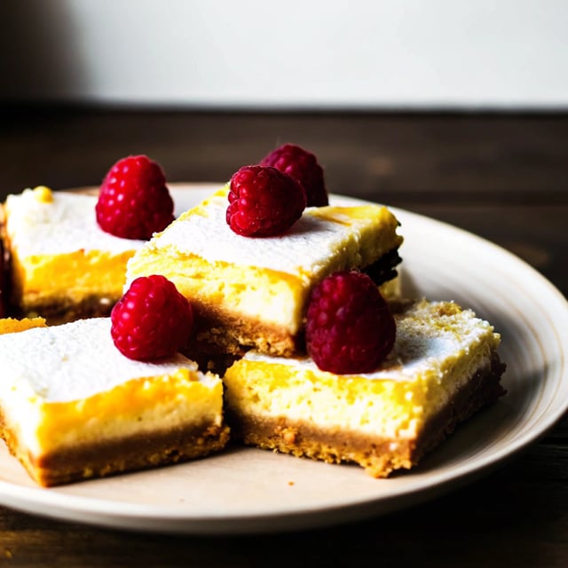 Creamy Lemon Bars with Browned Butter Raspberries.