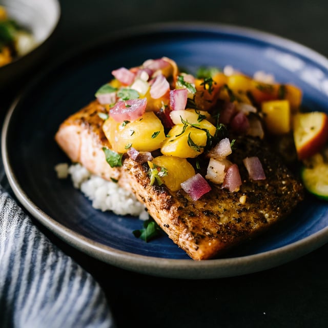 Crispy BBQ Salmon Bowls with Roasted Jalapeño Peach Salsa