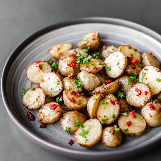Crispy Breakfast Potatoes with Chili Garlic Oil and Herbs.