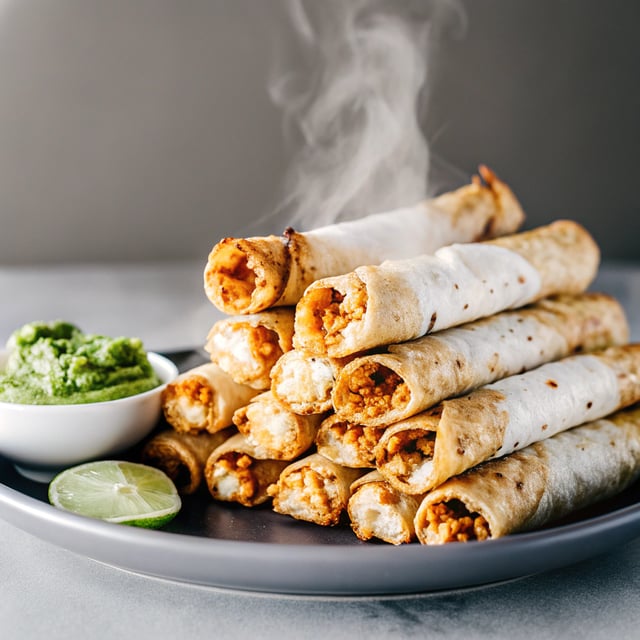 Crispy Chicken Tinga Taquitos with Lime Avocado Crema