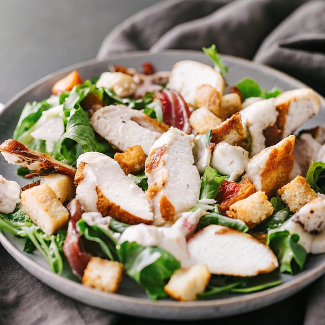 Crispy Italian Chicken and Bacon Salad with Pesto Tahini Dressing and Sourdough Croutons