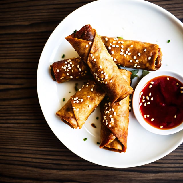 Crispy Sesame Ginger Egg Rolls with Sweet Chili Sauce
