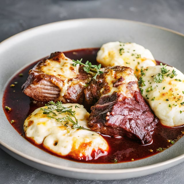 Crockpot Braised Red Wine Short Ribs with Cheddar Potato Perogies.