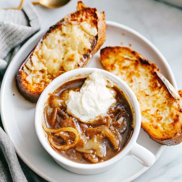 Crockpot French Onion Soup with Cheesy French Toast.