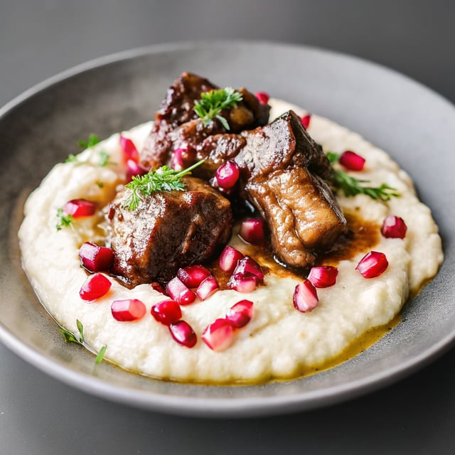 Crockpot Sweet and Sour Pomegranate Short Ribs with Creamy Mascarpone Polenta
