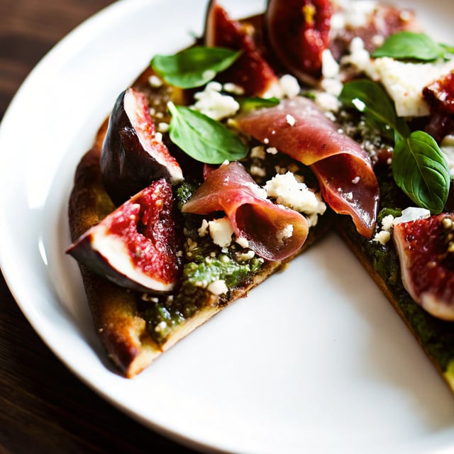 Dandelion Green Pesto, Fresh Fig and Gorgonzola Pizza with Prosciutto.