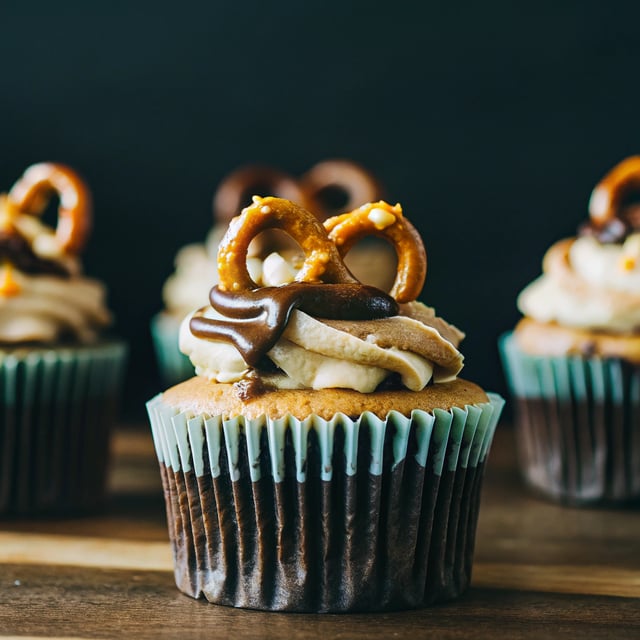 Death By Butterbeer Cupcakes w/Treacle Butter Frosting + Chocolate Covered Pretzels.
