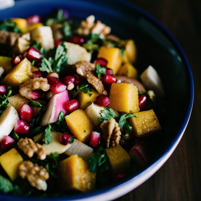Fall Harvest Roasted Butternut Squash and Pomegranate Salad.