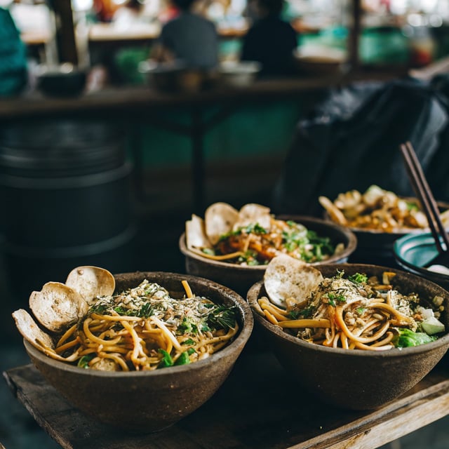 Farmers Market Sesame Miso Noodle Bowls with Garlic Chips.