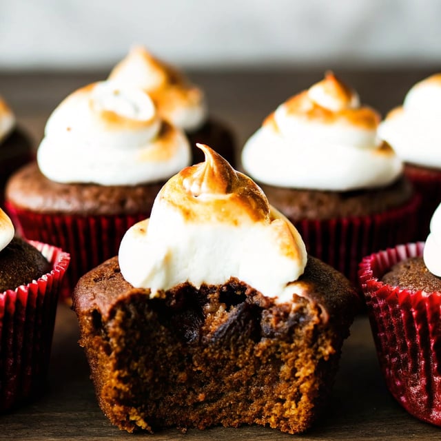 Fugdy Brownie Stuffed Banana Cupcakes with Toasted Marshmallow Frosting