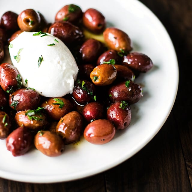 Garlic Herb Roasted Olives with Burrata