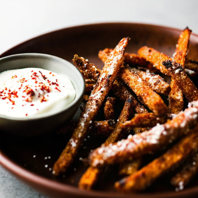 Garlic Parmesan Sweet Potato Fries with Spicy Aioli