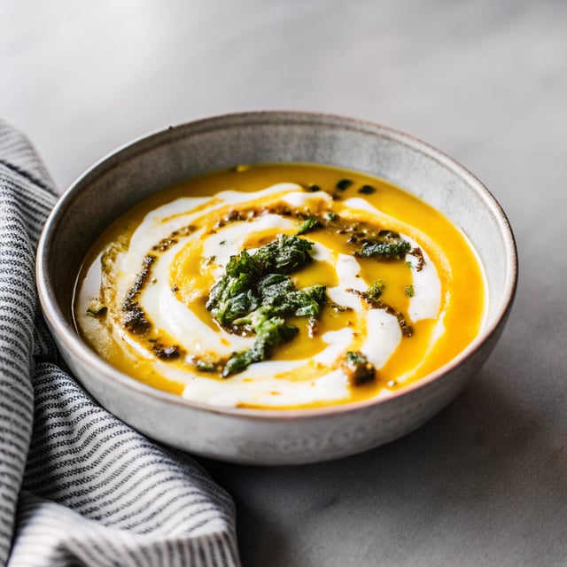 Golden Sweet Potato Soup with Burrata and Sage Pesto