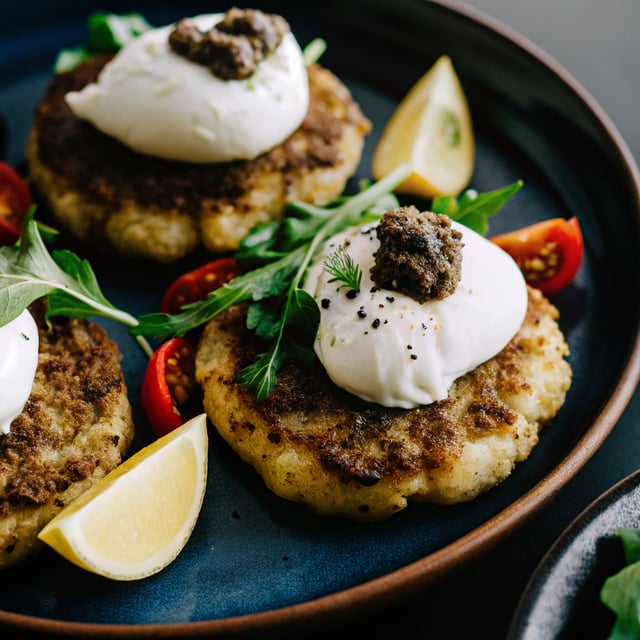 Greek Feta Chickpea Pancake Fritters with Poached Eggs + Olive Tapenade.