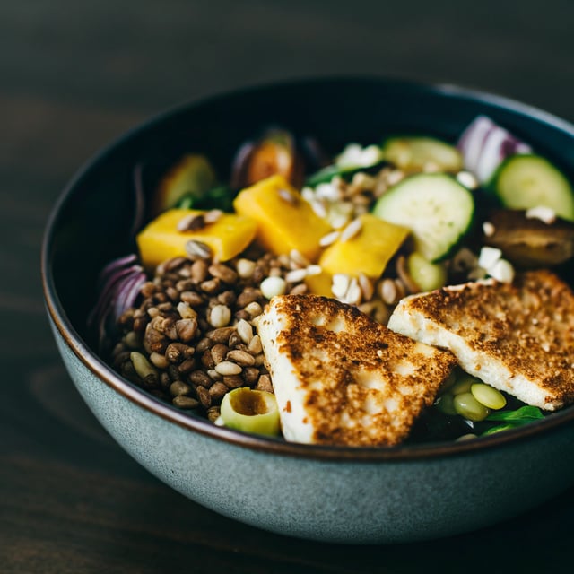 Greek Goddess Grain Bowl with Fried Zucchini, Toasted Seeds and Fried Halloumi.