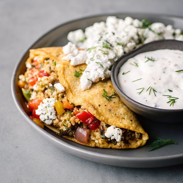 Greek Quinoa Dinner Omelets with Feta and Tzatziki.