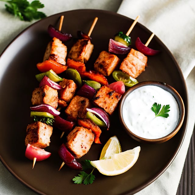 Greek Salmon Souvlaki Gyros with Tzatziki