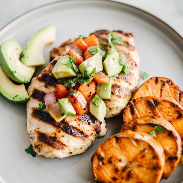 Grilled Chili Lime Honey Chicken and Sweet Potatoes with Avocado Salsa
