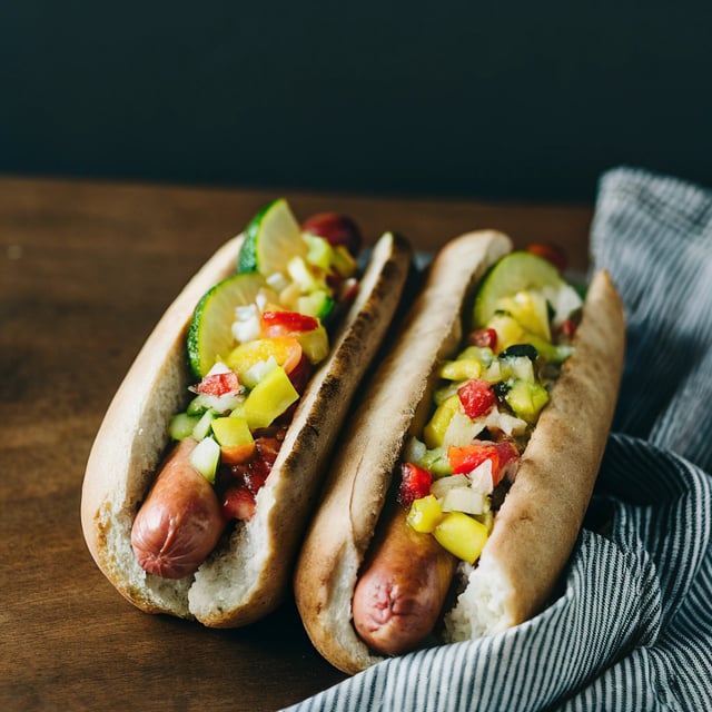 Hawaiian BBQ Dog with Mango, Chili, Pineapple and Lime Relish.