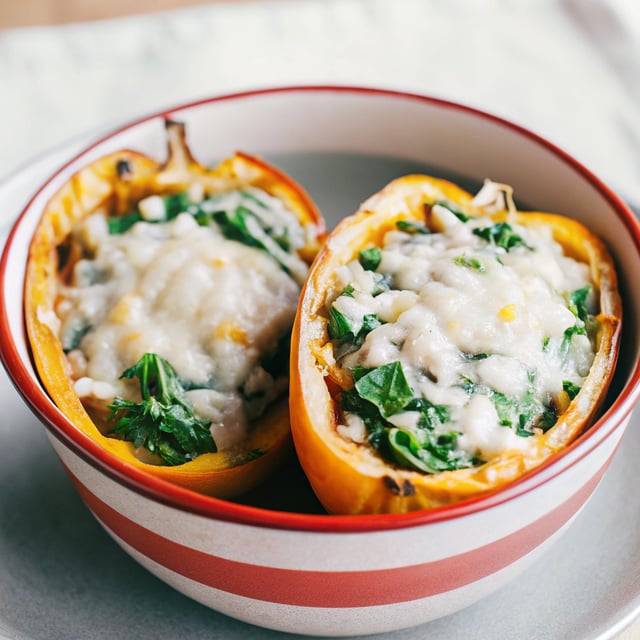 Healthy Spanakopita Stuffed Roasted Garlic Spaghetti Squash + Havarti Bowls