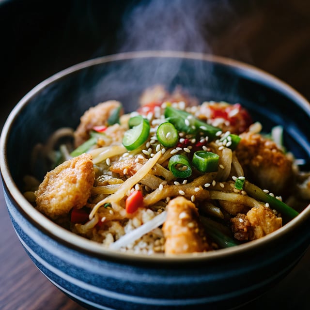 Korean Style Fried Shrimp Rice Bowls with Kimchi + Crunchy Noodles.