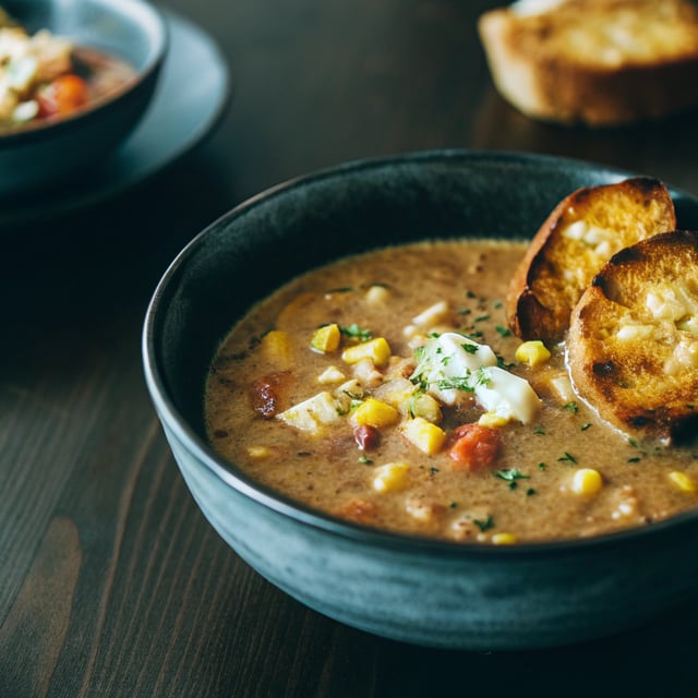 Late Summer Corn And Lobster French Onion Chowder with Gruyère Toasties.