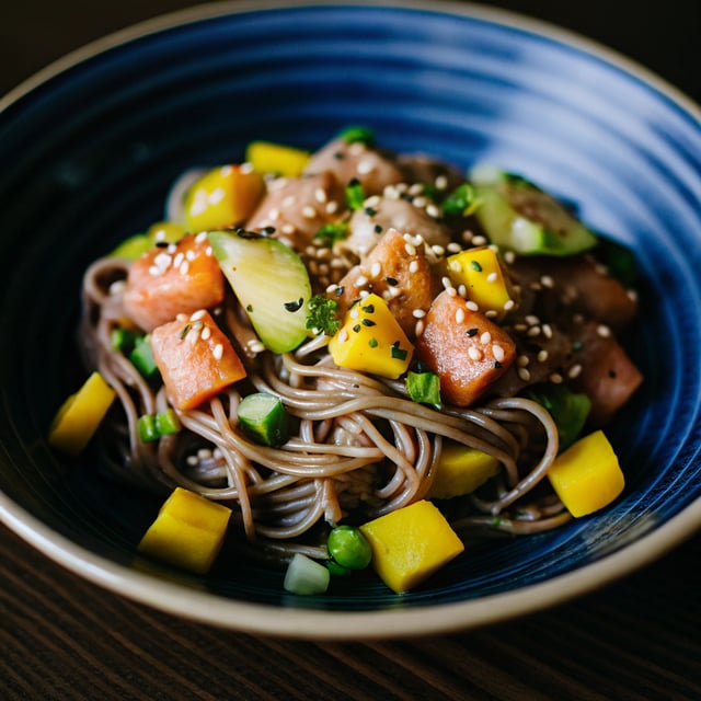 Mango Avocado Soba Noodles with Sesame Salmon Poke