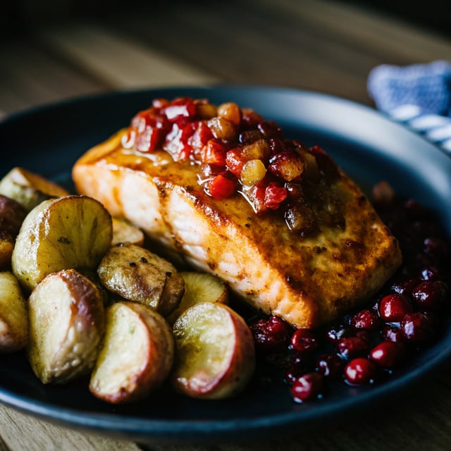 Maple Bourbon Glazed Salmon w/Sweet Cranberry-Apple Chutney + Salt Roasted Potatoes.