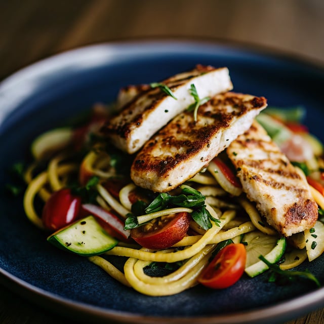 Mediterranean Chicken and Summer Squash Noodles with Fried Halloumi.