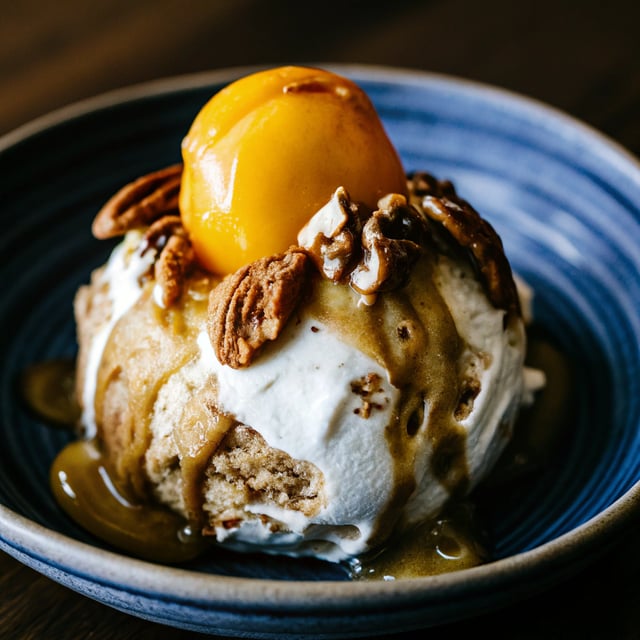 Mini Bourbon Caramelized Peach Baked Alaska with Butter Pecan Ice Cream.