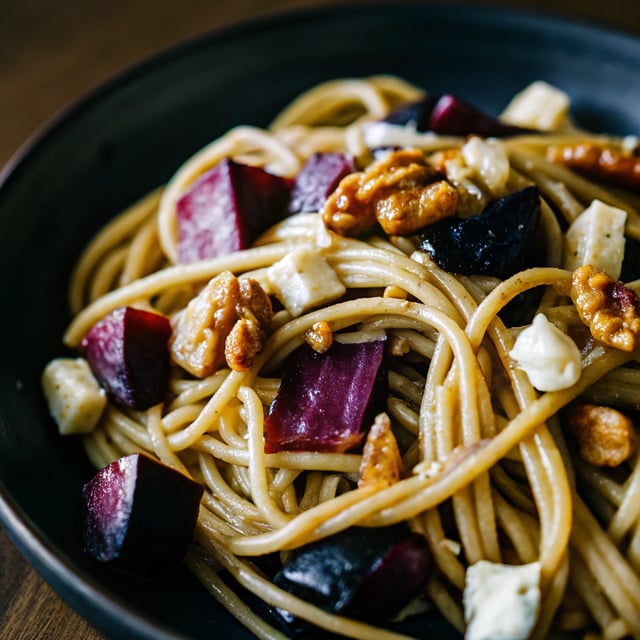Miso Browned Butter and Brie Pasta with Roasted Beets + Walnuts.