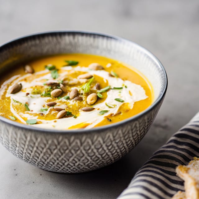 Moroccan Butternut Squash and Goat Cheese Soup w/Coconut Ginger Cream + Pistachios.