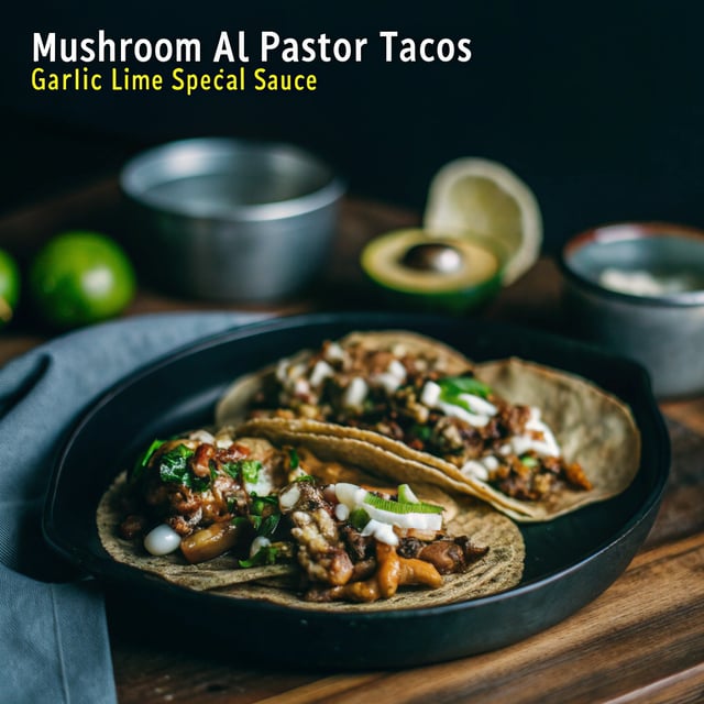 Mushroom Al Pastor Tacos with Garlic Lime Special Sauce