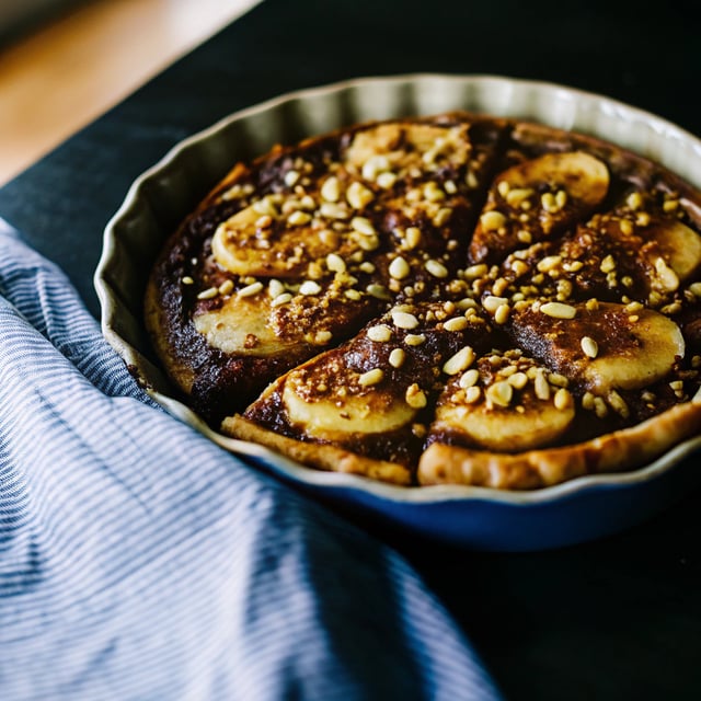Nutella Banana Tarte Tatin with Cinnamon Sugar Roasted Pumpkin Seed and Hazelnut Crunch.