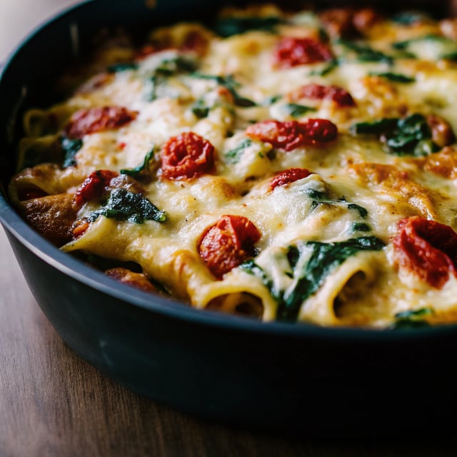 One Pan 4 Cheese Sun-Dried Tomato and Spinach Pasta Bake