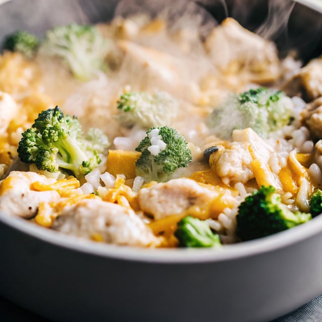 One Pot Broccoli Cheddar Chicken and Rice