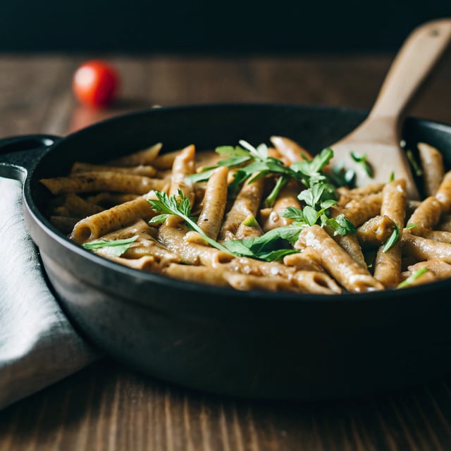 One Pot Creamy Penne Alfredo with Spicy Arugula