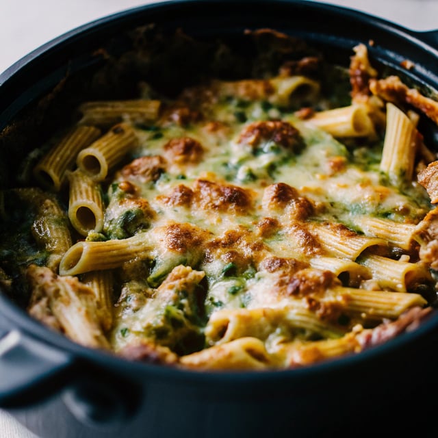 One Pot Spicy Pesto Cheese Baked Rigatoni
