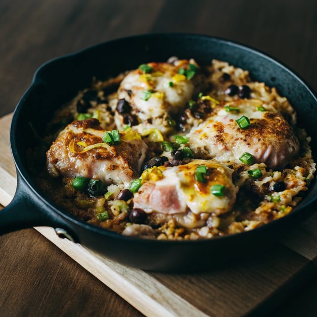 One Skillet Cheesy Cuban Chicken Rice Bake