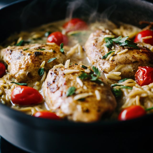 One Skillet Creamy Sun-Dried Tomato Chicken and Orzo.