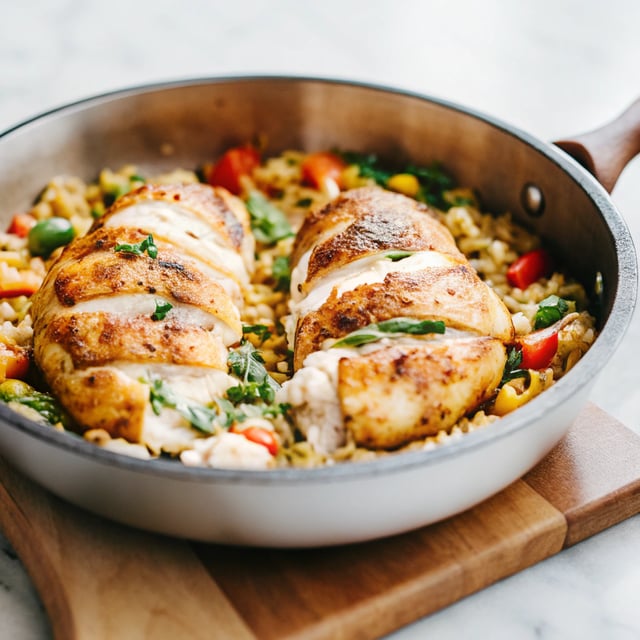 One Skillet Goat Cheese Stuffed Chicken and Orzo.