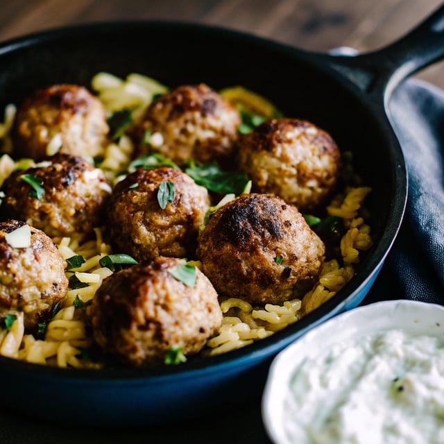 One Skillet Greek Meatballs and Lemon Butter Orzo with Whipped Feta